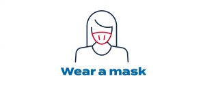 Line drawing of girl with long hair wearing a face mask, text says wear a mask.