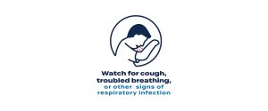 Line drawing of a person coughing, text says watch for cough, troubled breathing or other signs of respiratory infection.