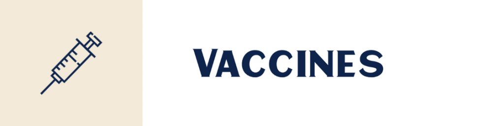 Line drawing of a needle, text says Vaccines