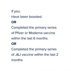 If you: Have been boosted  OR Completed the primary series of Pfizer or Moderna vaccine within the last 6 months OR Completed the primary series of J&J vaccine within the last 2 months