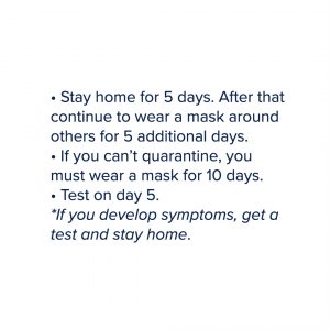 Stay home for 5 days. After that continue to wear a mask around others for 5 additional days. If you can’t quarantine, you must wear a mask for 10 days. Test on day 5. *If you develop symptoms, get a test and stay home.